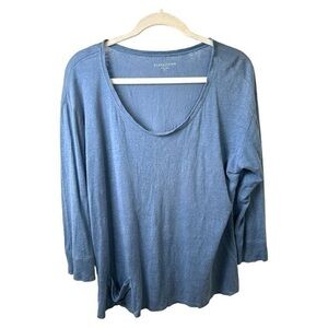 Eileen Fisher Shirt Womens L Petite Linen 3/4 Sleeve Pocket Round Neck Coastal